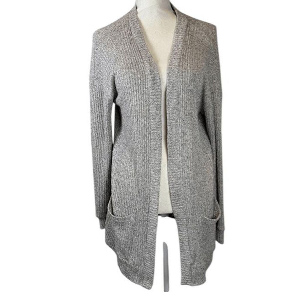 MCM Open Front Cardigan Pockets Marled Knit Sweater Black Cream Size Large Luxe